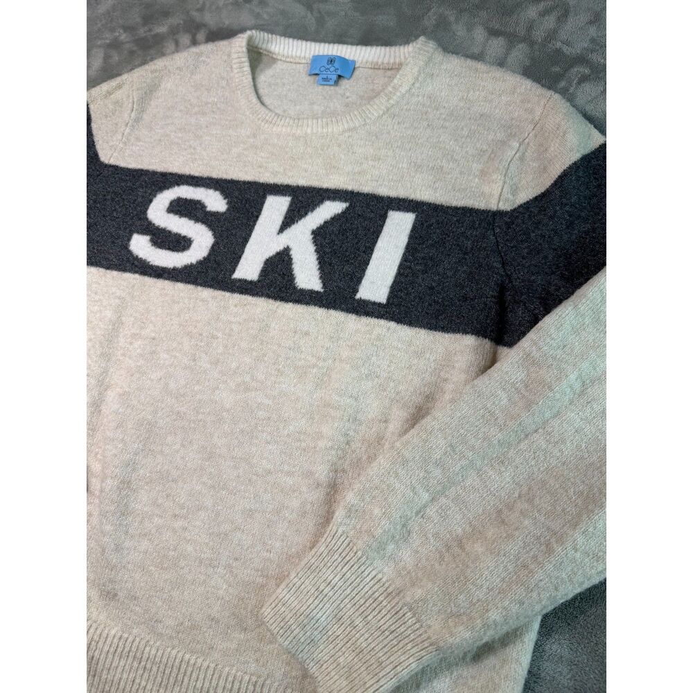 “SKI” CeCe Cozy Long Sleeve Sweater! Cream/gray  L